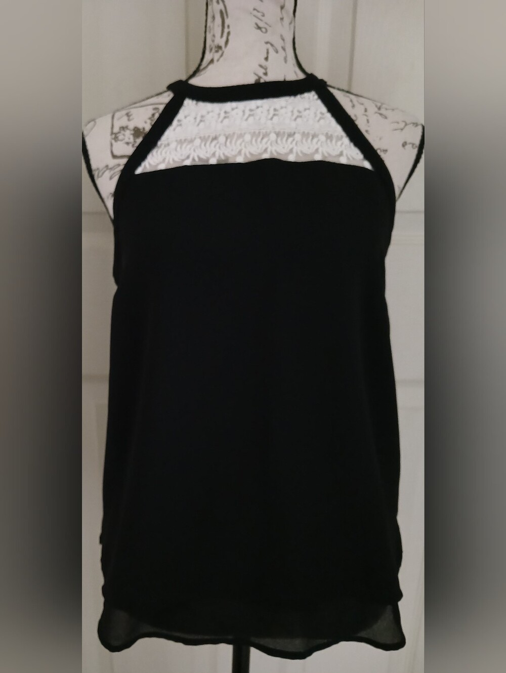Monteau Black With White Lace-Trim Halter-Neck Camisole
